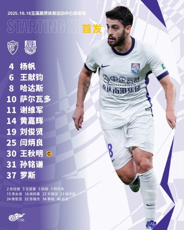 中超第27轮对阵云南玉昆，天津津门虎首发出炉！