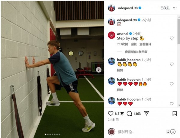 朝着复出迈进！厄德高社媒晒康复现实相片