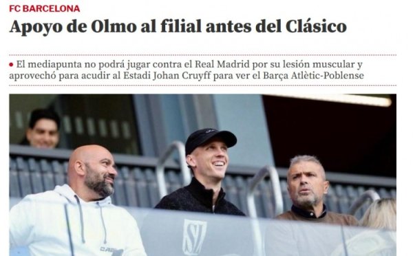 比目鱼肌受伤无缘国度德比！奥尔莫前去不雅看巴萨B队的比赛