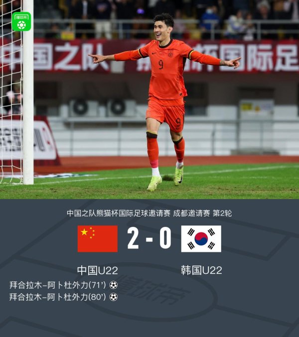 熊猫杯U22国足2-0力克韩国U22，拜合拉木双响+写意脚后跟破门
